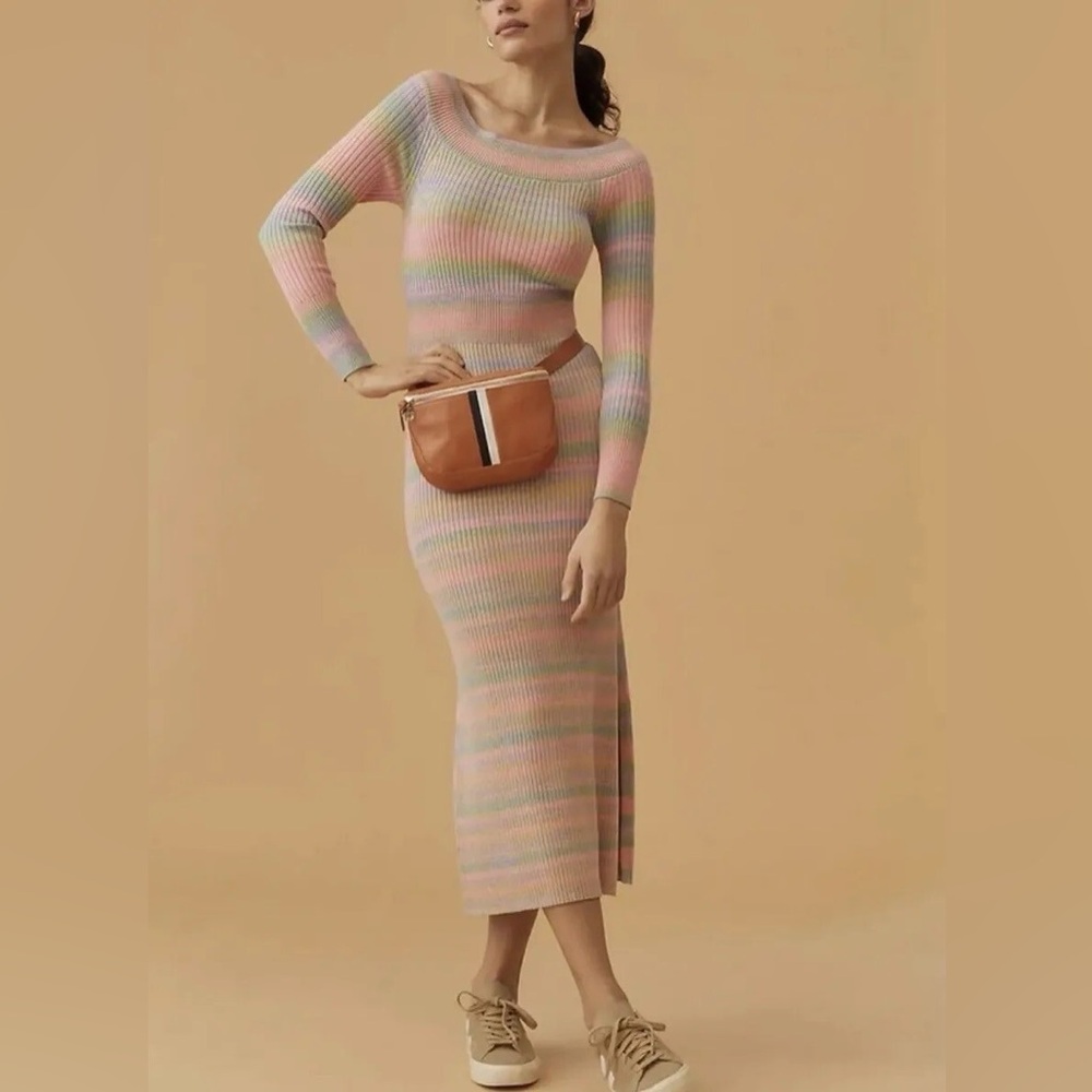 Anthropologie Daily Practice Ribbed Sweater Dress Size M Midi Knit Off Shoulder